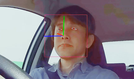 車に取り付けたドライブレコーダーのインカメラが撮影した運転席の静止画 運転席に座る男性の顔や目の位置が認識され赤い線で囲われている